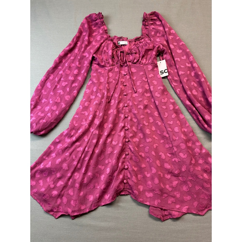 NWT* SO Magenta Pink Heart Clip Dot Babydoll Mini Dress Medium Handkerchief Hem